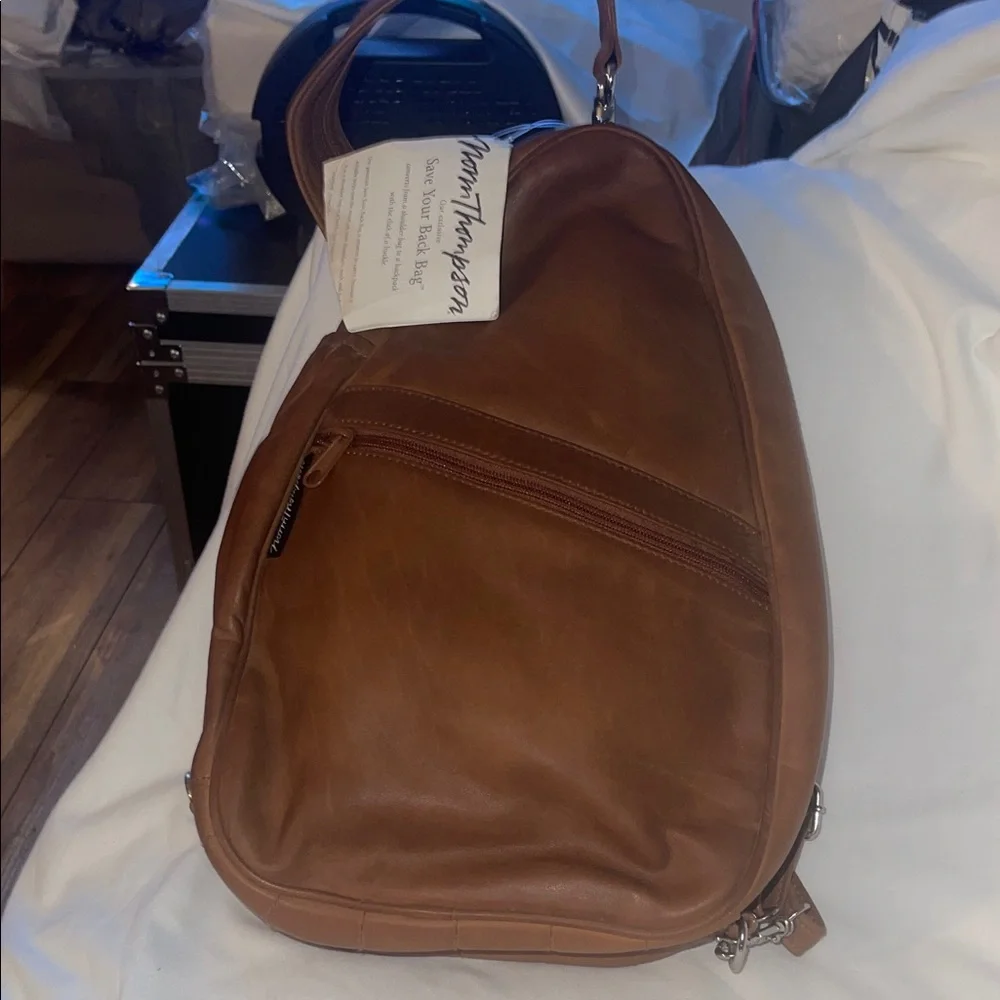 Norm Thompson Brown Leather Sling Shoulder Bag Converts to a Backpack with a Zip